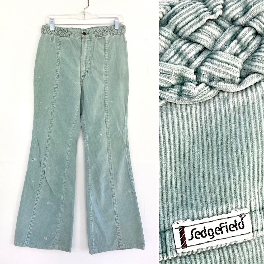Vintage 70’s dusty mint green corduroy flared bell bottom pants braided waist
